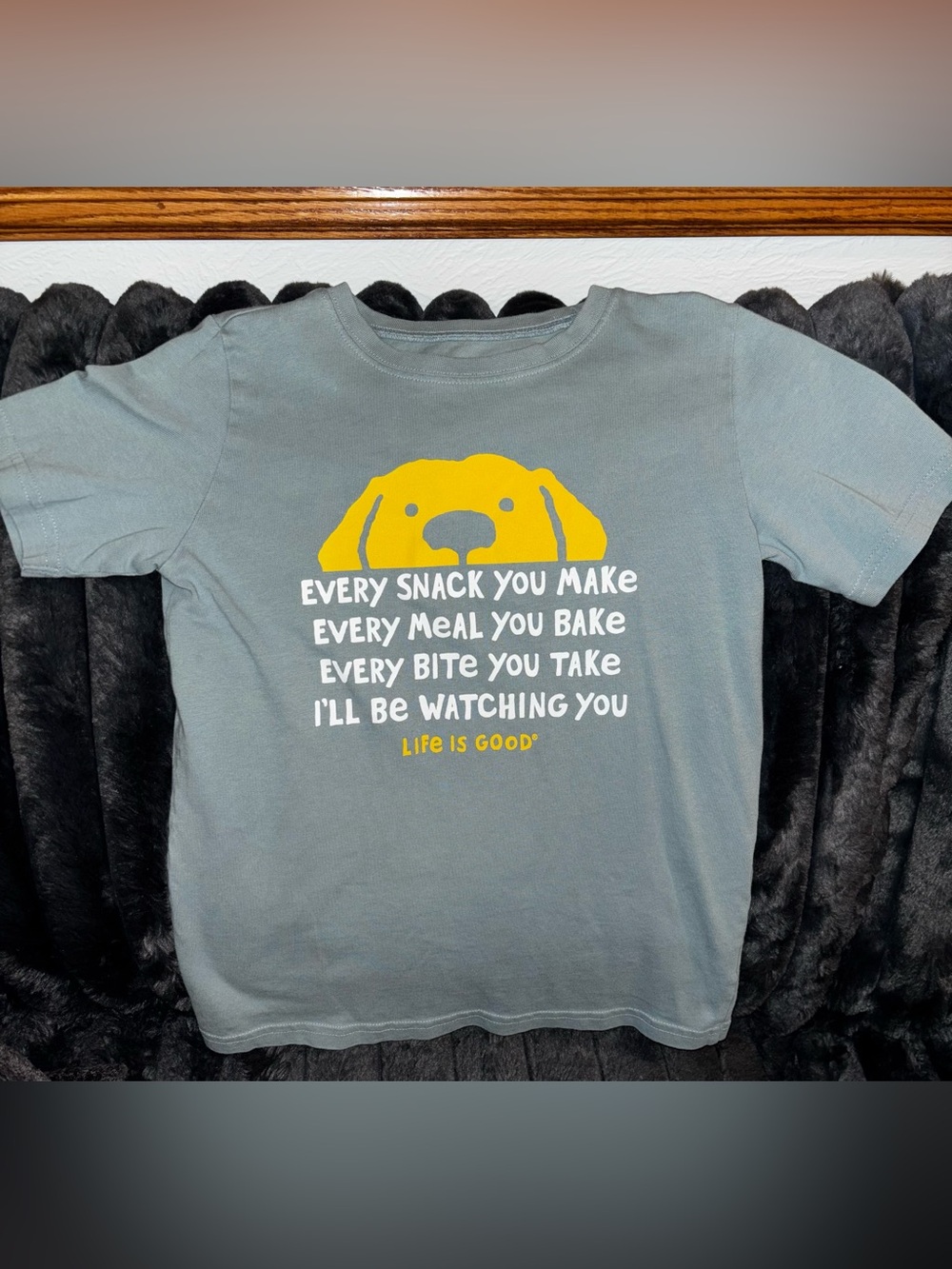 Life Is Good Gray Tee with Yellow Dog Graphic and White Text